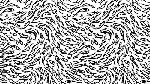 Abstract Pattern of Swimming Fish School, Black and White Illustration
