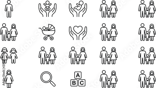 Family Care and Household Line Icon Set Featuring Parents, Children, Infants, Strollers, and Protective Hands for Social Services, UI Design, and Infographics