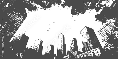 Obraz na plátně Black and white low angle view of tall city skyscrapers reaching up into the bri