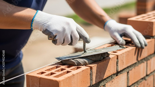 Close-up of a Masonry Worker in Gloves Using a Trowel to Apply Cement Mortar on a Red Brick Wall at a Building Site