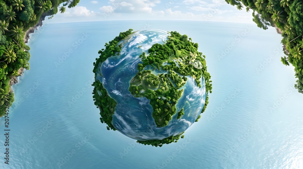 Fototapeta premium Earth from above lush green forest covering the globe surrounded by blue ocean