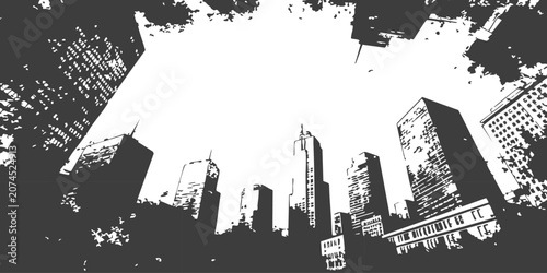 Obraz na plátně Black and white illustration of tall modern city skyscrapers looking up from str