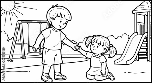 Boy Assisting Fallen Little Girl.