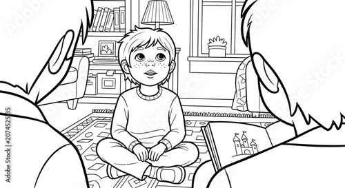 Boy Sitting on Floor Reading.