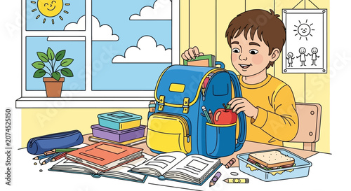 Boy with school bag and books.