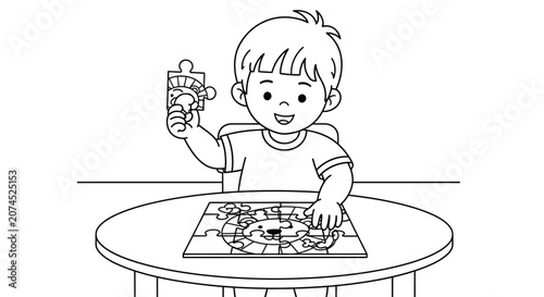 Child Assembling Puzzle Piece Together.