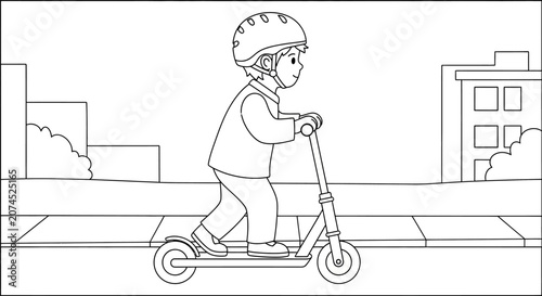 Child Riding Scooter in City.