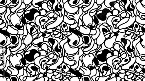 Abstract Black and White Organic Shapes Pattern, Doodle Art, Dynamic Background