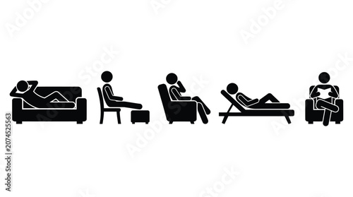 People relaxing in different positions on furniture icons set