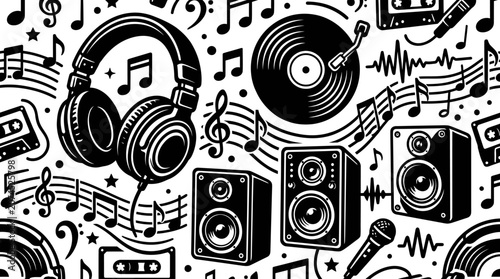 Retro Music Pattern: Headphones, Speakers, Vinyl, Cassettes, Notes