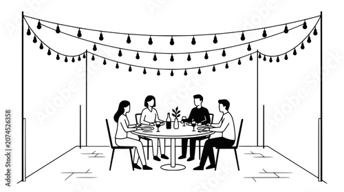 Фотография Outdoor Dining Illustration: People Enjoying Meal Under String Lights
