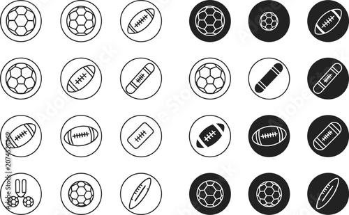 Set of circular sports ball featuring soccer balls and american footballs in outline and solid styles