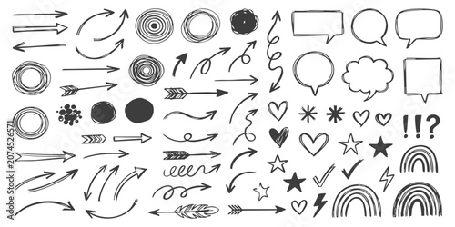 Set of hand drawn sketch arrows circles speech bubbles hearts stars and doodle design elements for notes