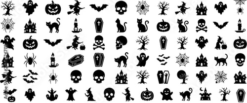 Halloween icons set in black silhouette on white background. Isolated on white background.