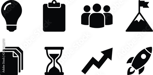Business productivity and startup launch icons set featuring teamwork goals time management idea and growth symbols