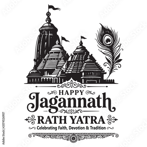 Happy Jagannath Rath Yatra Typography Vector Illustration with Puri Temple Silhouette