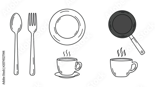 Set of hand drawn kitchenware items including pan and cups