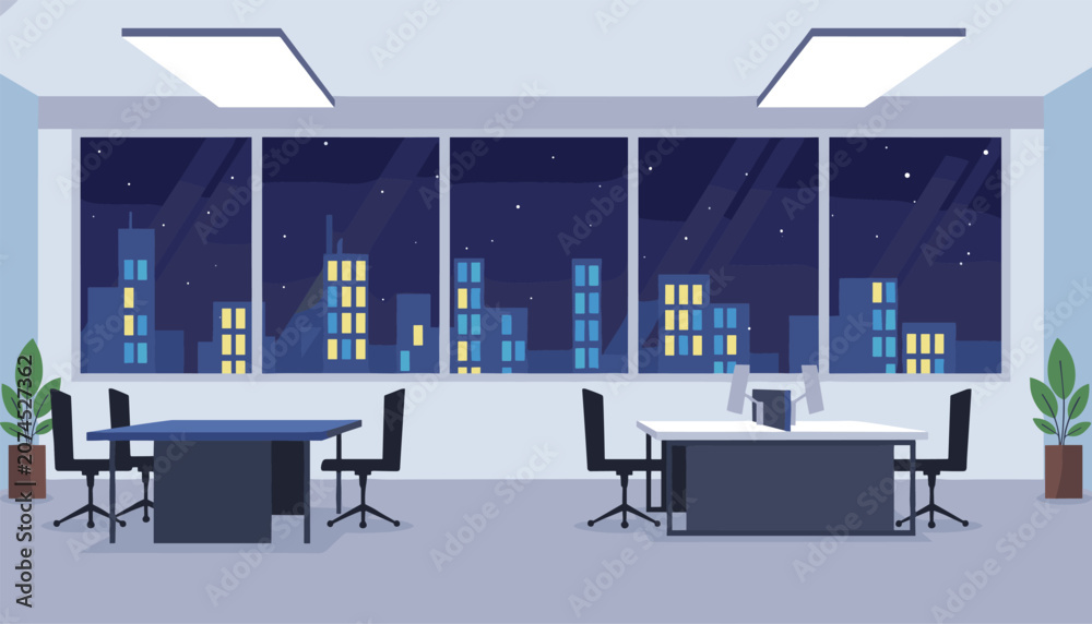 Fototapeta premium Modern office workspace featuring desks and computers with a panoramic night view of a glowing city skyline through big windows.