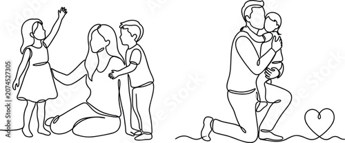 Happy Family and Father with Daughter Piggyback Ride Line Art Vector Illustration Set for Coloring Pages, Books, and Minimalist Graphic Designs