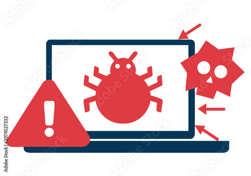 Warning signs of virus and malware on a computer screen with alert symbols