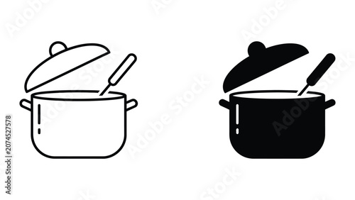 Photos Cooking pot with lid and ladle vector icon set for culinary design