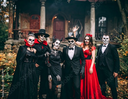 Spooky Costumed Friends Posing Outside Abandoned Mansion Porch