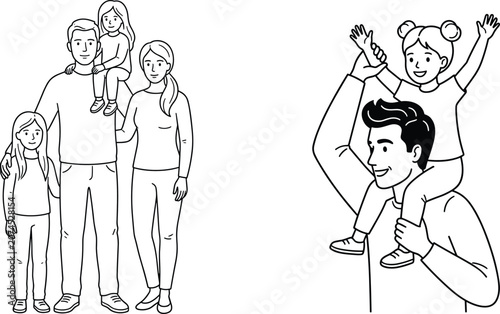 Happy Family Line Art Set Featuring Parents with Children and Father Giving Daughter a Piggyback Ride for Coloring Pages and Minimalist Designs