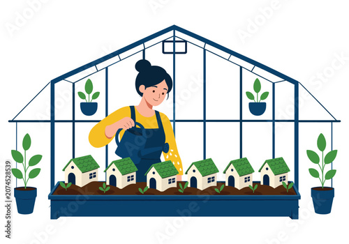 Woman watering plants in a greenhouse with small houses and seedlings growing