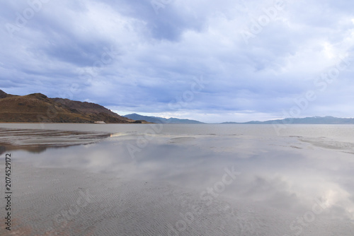 Storm clouds over The Great Salt Lake at Antelope Island State Park, Utah, USA