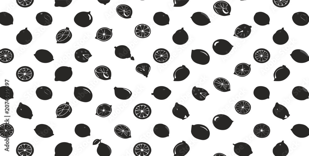 Fototapeta premium Seamless Citric Pattern Featuring Black Silhouette Lemon Lime and Orange Slices on White Background for Textile Wrapping Paper and Wallpaper Backgrounds