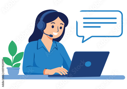 Woman wearing headset sitting with laptop and talking on computer with speech bubble