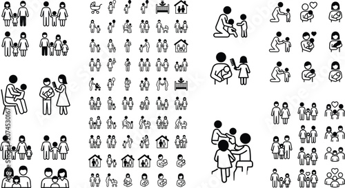 Mega Family and Parenting Stick Figure Line Icon Bundle Collection with Motherhood, Baby Care, Household, and Community Symbols for UI and Infographics