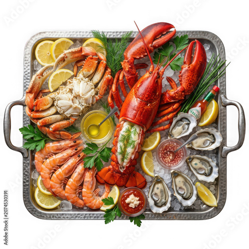 Luxury Seafood Platter with Lobster, King Crab Legs, Shrimp, Fresh Oysters and Lemon Served on Ice Isolated PNG on Transparent Background