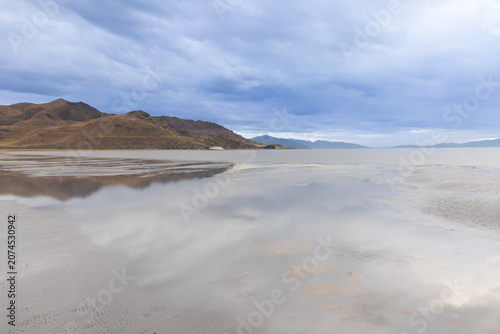 Storm clouds over The Great Salt Lake at Antelope Island State Park, Utah, USA