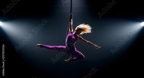 Aerialist performing acrobatic pose on rope in dark studio