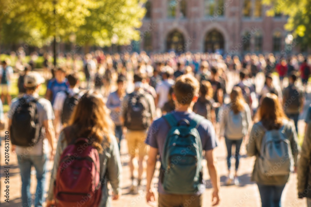 Obraz premium Blurred crowd of college students with backpacks walking on university campus