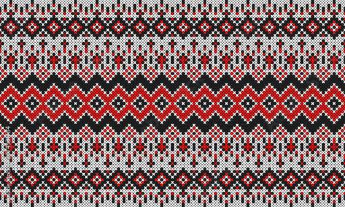 Seamless red, black and white cross stitch folk pattern background.