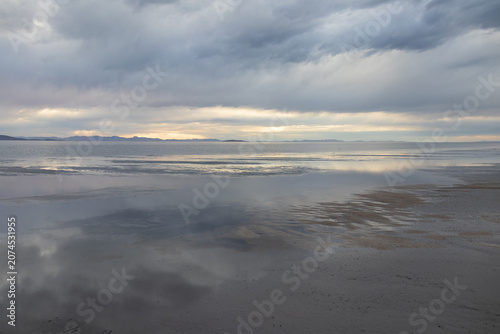 Storm clouds over The Great Salt Lake at Antelope Island State Park, Utah, USA