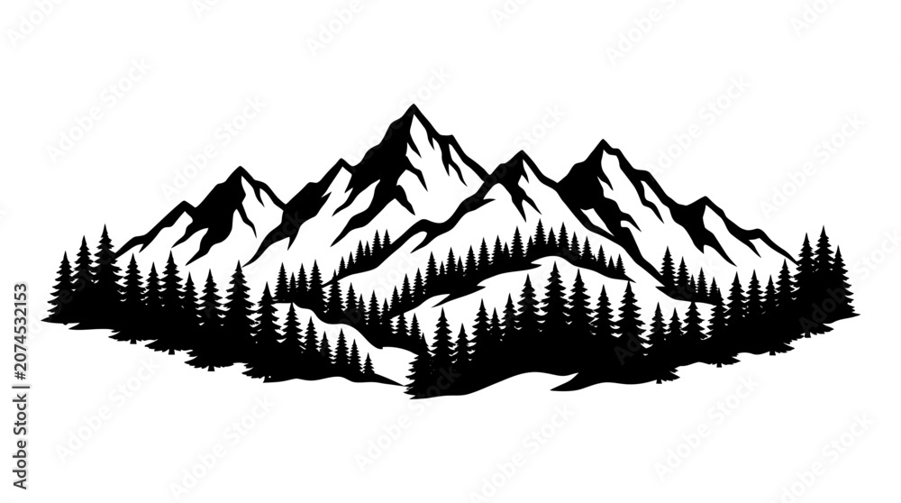 Fototapeta premium Cad tree line Mountain range, snow-capped peaks, pine trees, landscape icon isolated on White Background vector