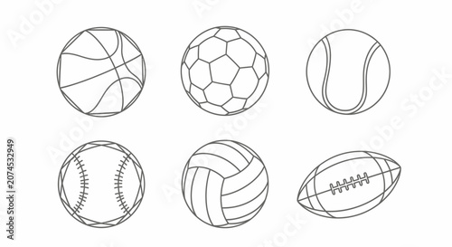 Foto Collection of Outline Sports Balls: Basketball, Soccer, Tennis, Baseball, Volleyball, and Football in Line Art Style, isolated white background