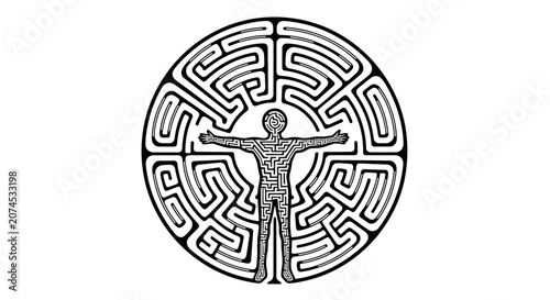 Foto Human Figure in Center of Circular Maze Labyrinth Design on Isolated White Backg