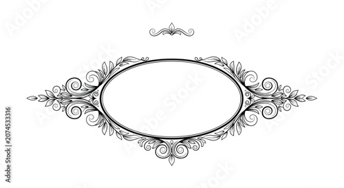 Slika na platnu Elegant vintage oval frame with intricate floral and scrollwork patterns in black and white for decorative border designs
