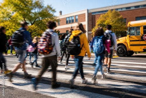 Students walking to school in morning, blurred motion of children crossing street