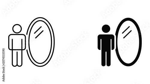 Billede på lærred Person standing next to oval mirror vector illustration