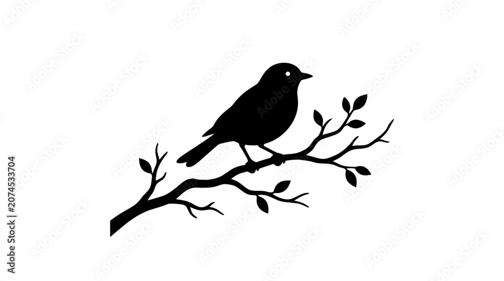 Fototapeta premium Cad tree line Black bird silhouette, perched on branch, vector icon, wildlife symbol, nature emblem isolated on White Background vector