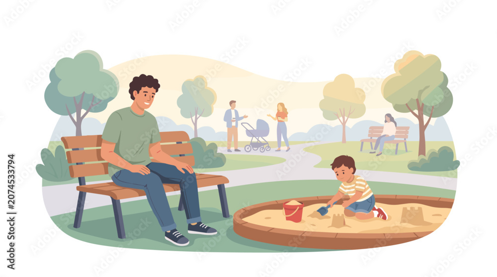 Fototapeta premium Father watches son play in sandbox at park with other families enjoying the day