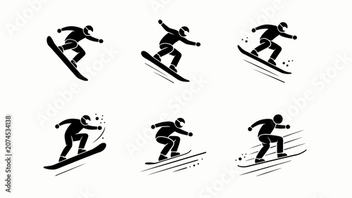 Bild auf Leinwand Snowboarder Silhouette Icons: Action Poses and Snowboarding Moves