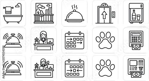 фотографія Hotel amenities icons set linear collection for hospitality services room booking or guest checkin system