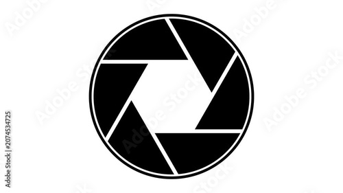 Black and white camera shutter icon showing a round lens aperture mechanism symbol for photography and video recording design elements in a simple minimalist flat graphic style for creative projects