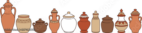 Obraz na płótnie Antique Ceramic Vase and Clay Pot Border Set with Traditional Terracotta Amphora